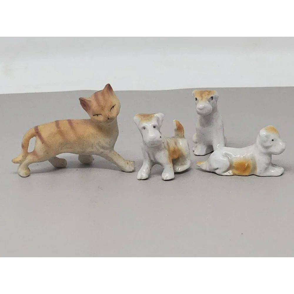 Vintage Miniature Bone China Terrier Schnauzer + Cat Family‎ Figurines Japan